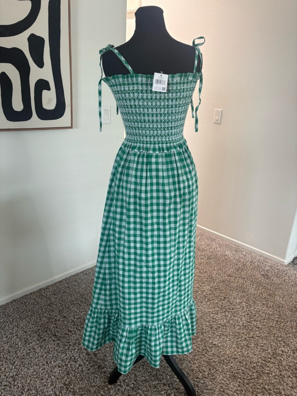 kate spade Green Gingham Smocked Maxi Dress with Tie Straps - Picture 3 of 8
